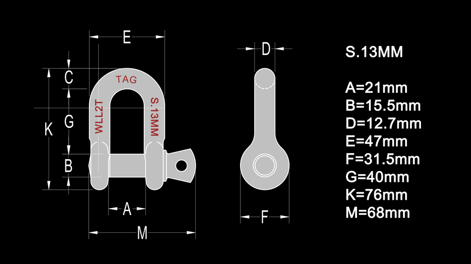 TAG D-Shackle - 13mm, 2000kg, Drop Forged Carbon Steel