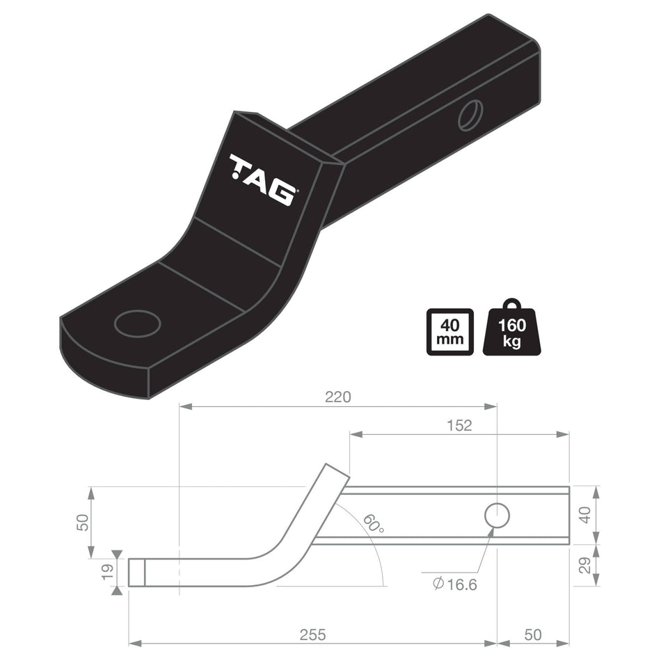TAG Tow Ball Mount - 220mm Long, 135° Face, 40mm Square Hitch