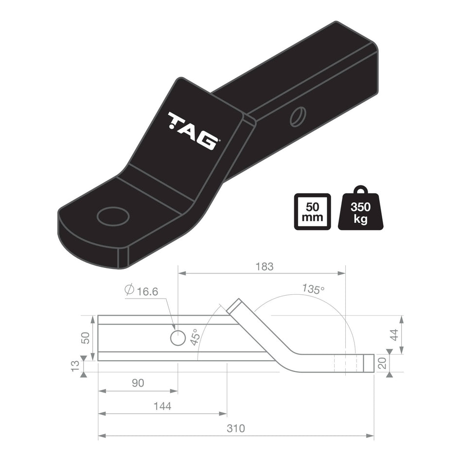 TAG Tow Ball Mount - 183mm Long, 135° Face, 50mm Square Hitch