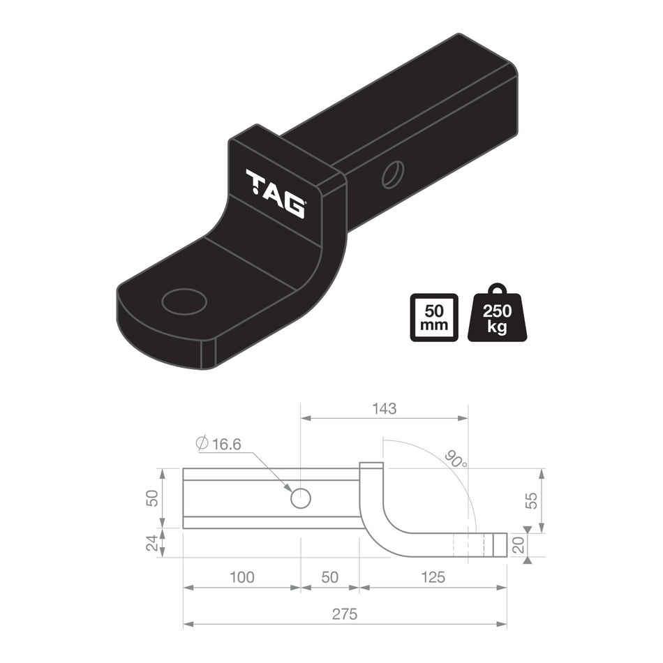 TAG Tow Ball Mount - 143mm Long, 90° Face, 50mm Square Hitch