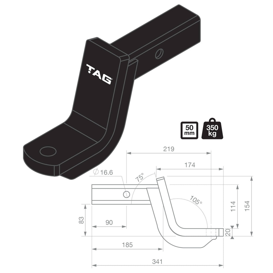 TAG Tow Ball Mount - 219mm Long, 114mm Drop, 50mm Square Hitch