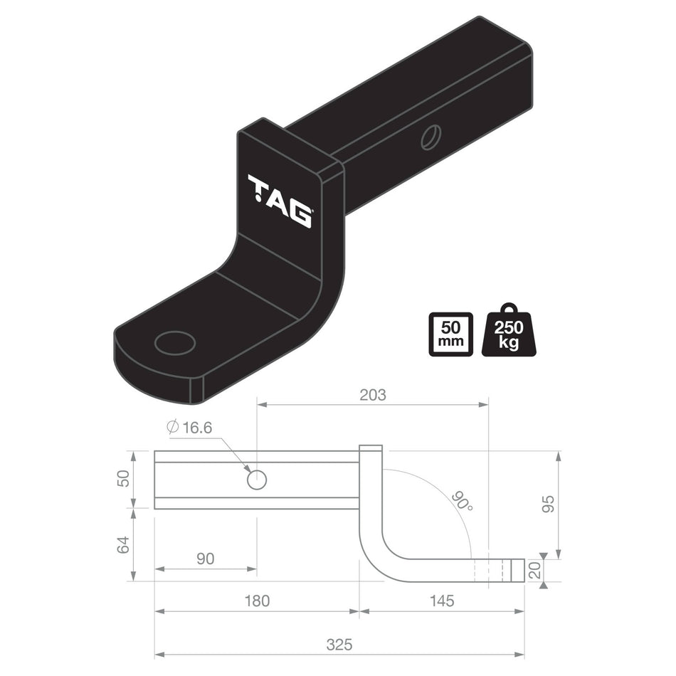 TAG Tow Ball Mount - 203mm Long,  90° Face, 50mm Square Hitch