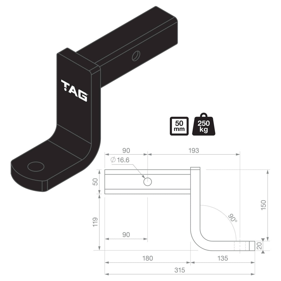 TAG Tow Ball Mount - 193mm Long, 90° Face, 50mm Square Hitch