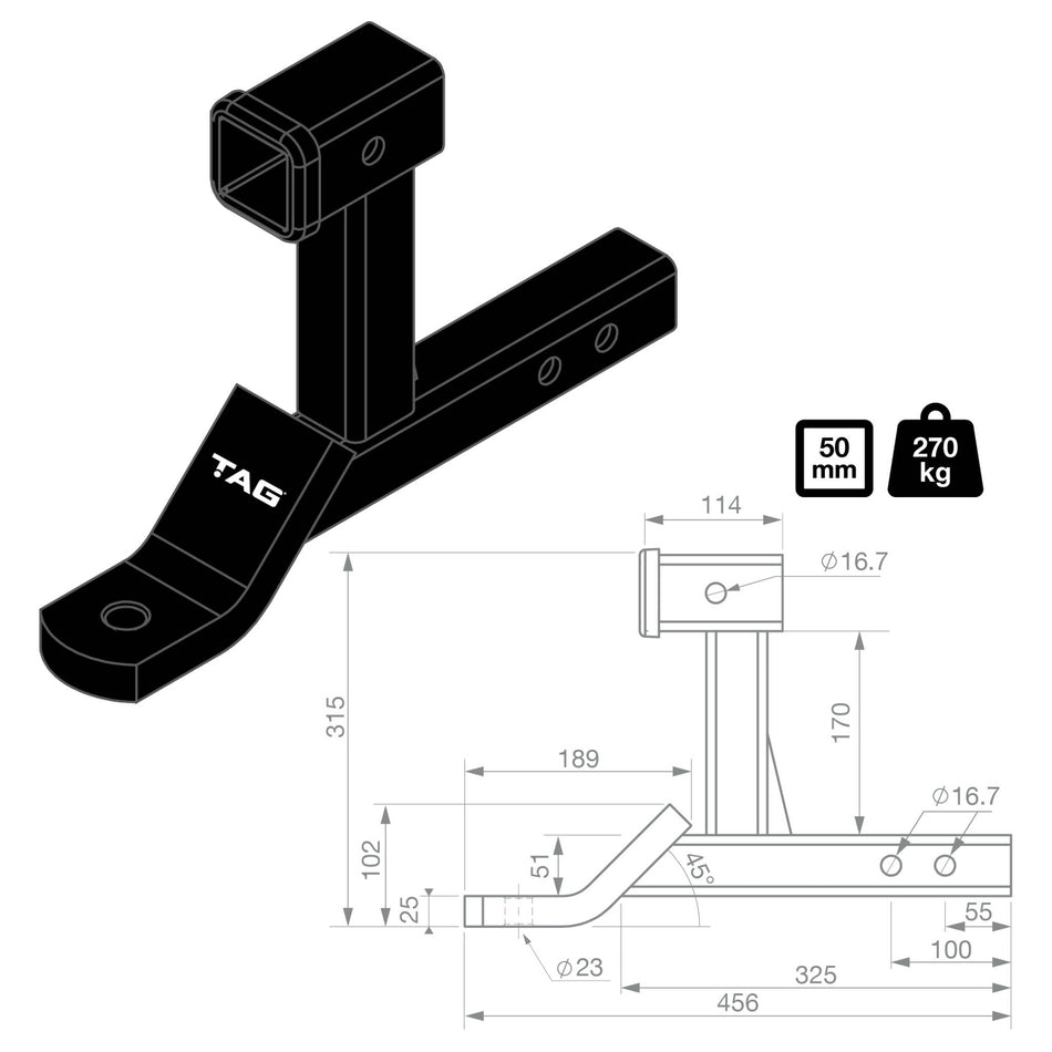 TAG Dual Use Tow Ball Mount - 50mm Square Hitch