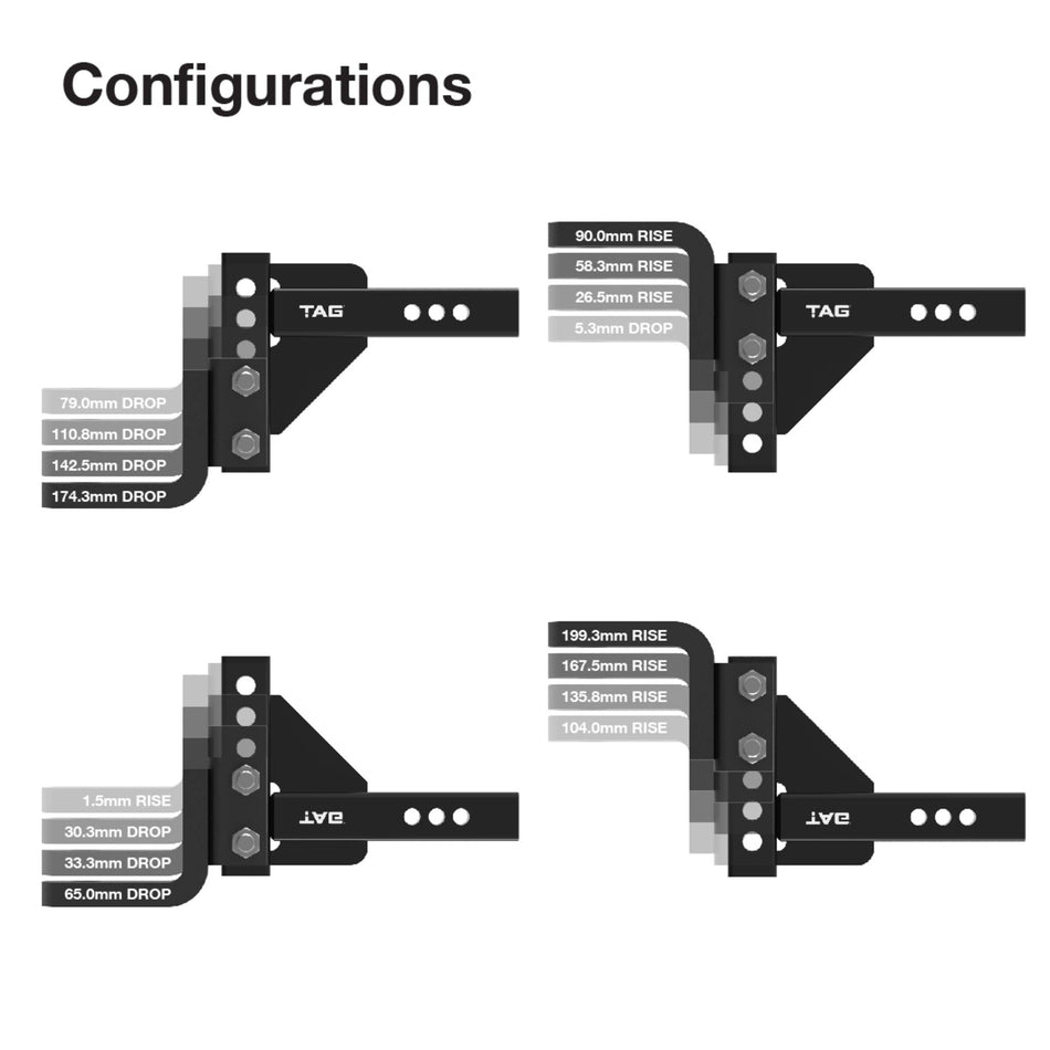 TAG Adjustable Heavy Duty Tow Ball Mount 90° Face, 50mm Square Hitch - 174mm Drop, 199mm Rise