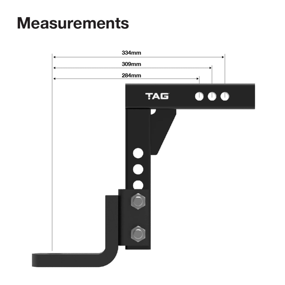 TAG Adjustable Heavy Duty Tow Ball Mount 90° Face, 50mm Square Hitch - 310mm Drop, 335mm Rise