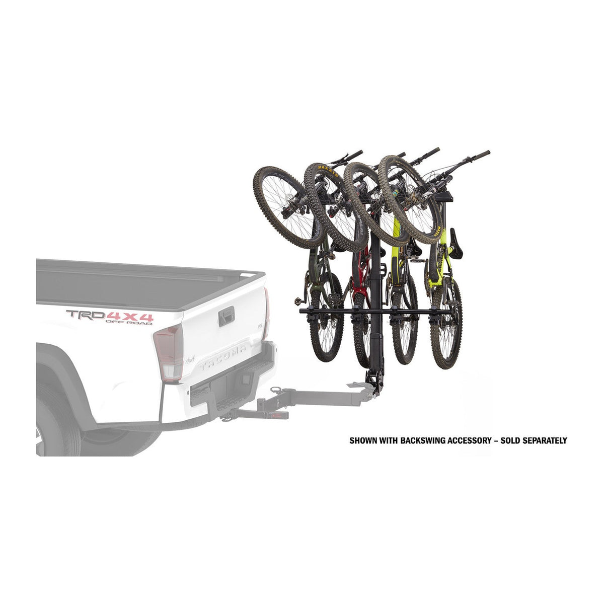 Side view of four bikes on the HangOver, with BackSwing shown