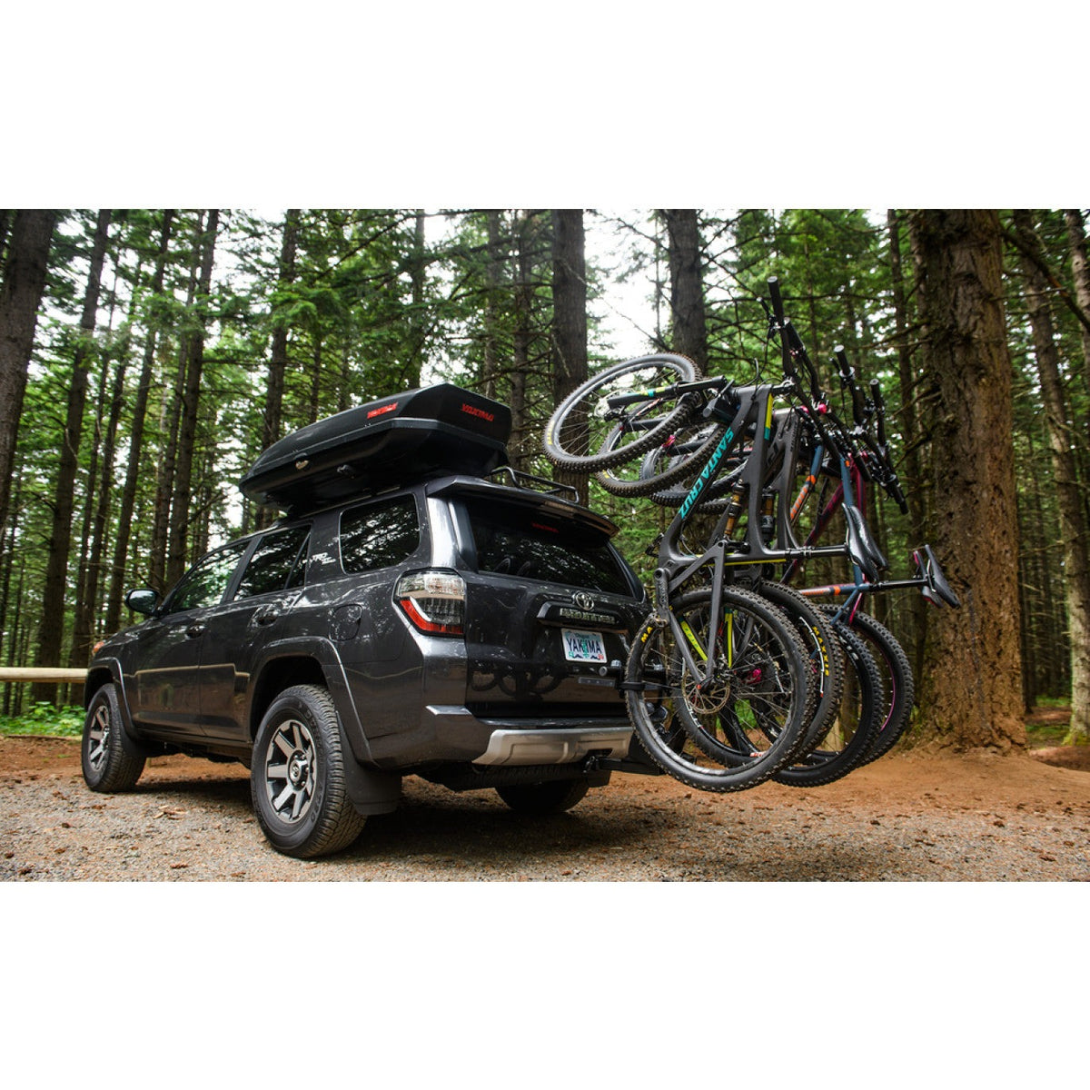 SUV carrying mountain bikes and a roof box on a forest road